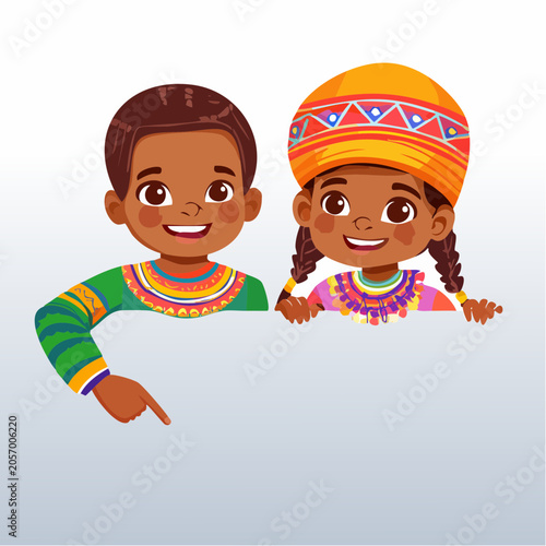 Smiling ethnic children in vibrant traditional dress with copy space