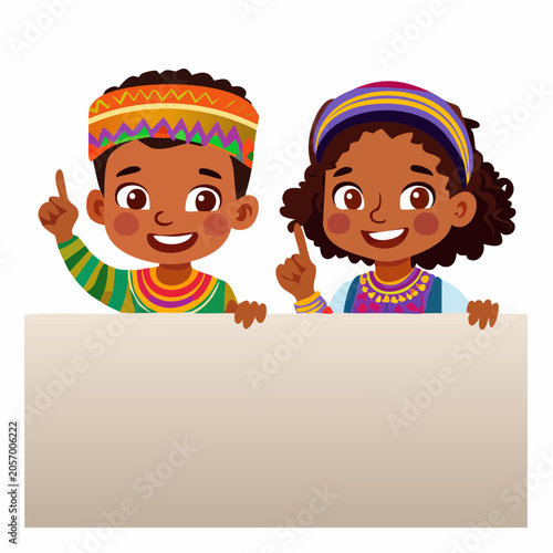 African children in traditional clothes holding a blank banner