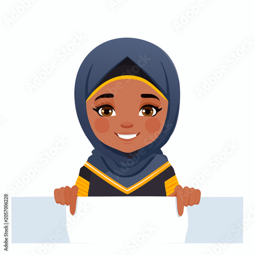 Smiling Young Muslim Girl Holding a Blank White Banner