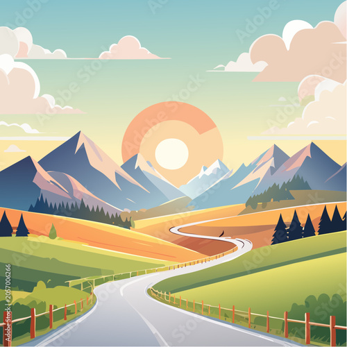 Scenic mountain landscape with winding road and stylized sunset sun
