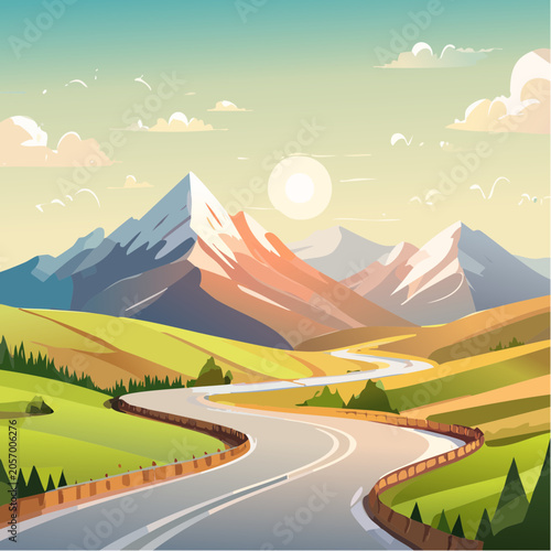 Scenic mountain highway winding through green hills at sunset