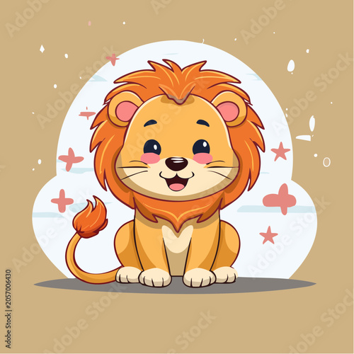 Friendly smiling baby lion cub sitting in a playful pose