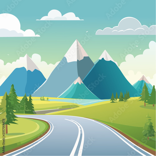 Scenic winding road through mountain landscape with snowy peaks