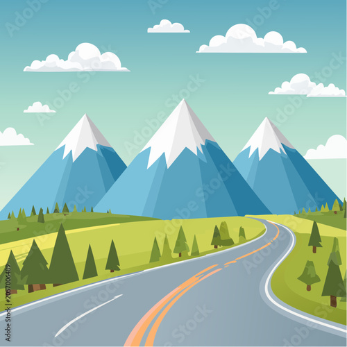 Scenic highway leading to snow capped mountain peaks