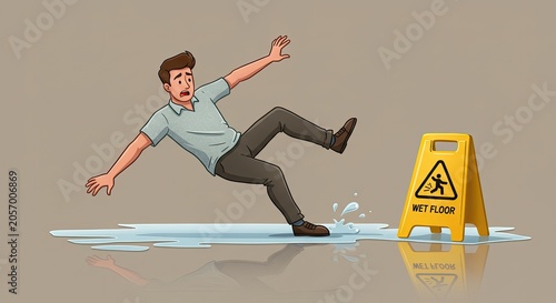Man slipping on wet floor near warning sign vector illustration