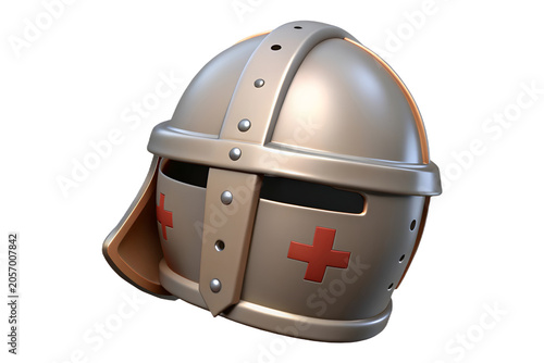 3D Medieval Knight Helmet with Red Cross Isolated on Transparent PNG Background