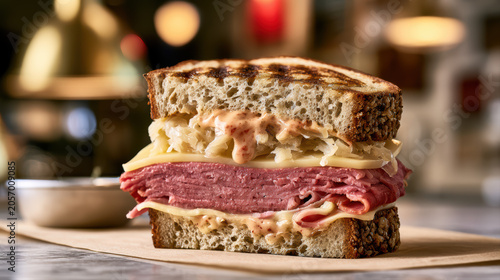 high fidelity food photography of a classic reuben sandwich