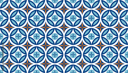 Seamless Geometric Pattern with Blue Circles and Orange Stars on White Background for Textile Design