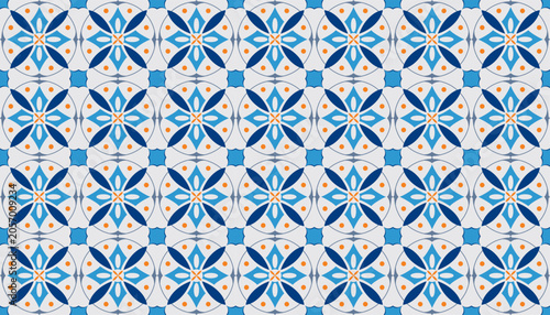 Seamless Decorative Geometric Tiles Pattern Featuring Symmetrical Floral Petal Motifs in Blue and Orange Tones for Interior Design