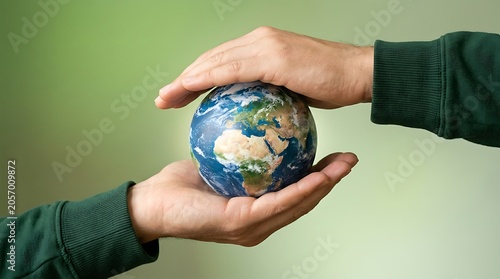 Two hands holding a small model of the earth globe to show care and protection for our planet and global environment concept