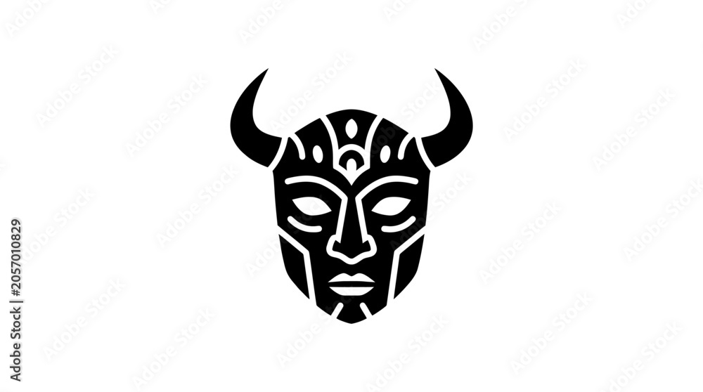 Fototapeta premium Mask featuring intricate tribal patterns and curved horns represents cultural art and ancient rituals.