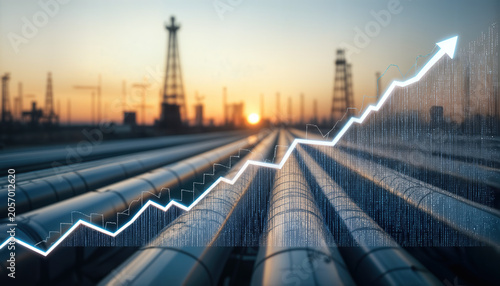 Oil industry growth trends in sunset business graphs over pipelines industrial environment positive outlook