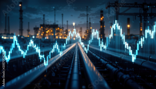 Analyzing industrial energy trends oil refinery data visualization urban environment nighttime digital insights