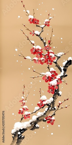 Vertical Ink Wash Painting Blossoming Plum Branch Covered In Snow Bright Red Plum Blossoms Visible Stamens Dark Gray Black Branches Plain Light Brown Background White Snow Dots