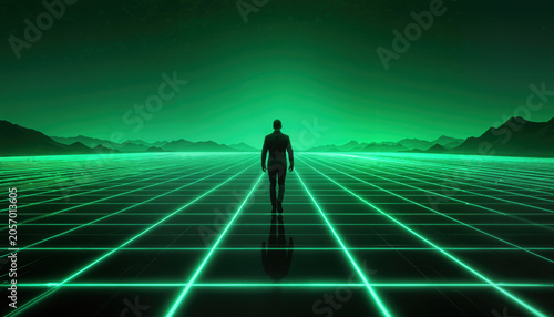 Futuristic journey of a figure across a green digital landscape sci-fi environment perspective concept