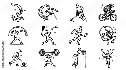 Diverse Sports Icons: Action Figures in Dynamic Poses - Gymnastics, Cycling, Hockey, Tennis, Rugby, Weightlifting