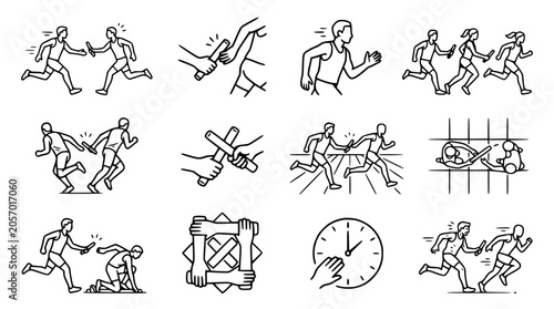 Relay Race Icons: Running, Baton Pass, Teamwork, Competition, Sports Graphics
