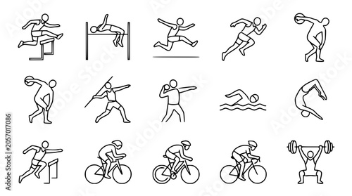 Diverse Sports Icons: Athletics, Cycling, Swimming, Gymnastics, Weightlifting Line Art