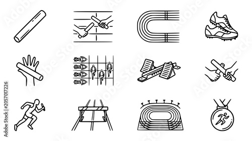 Running Sports Icons Set: Track Race, Relay Baton, Sprint, Hurdles, Finish Line, Medal