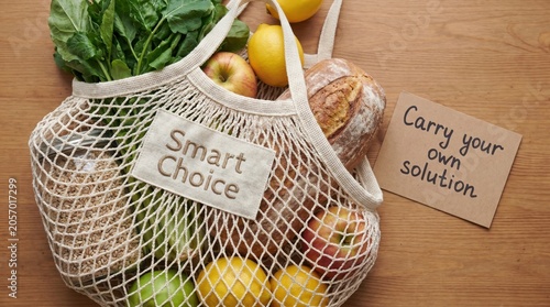 Eco-friendly Mesh Bag Filled with Fresh Groceries for No Plastic Day
