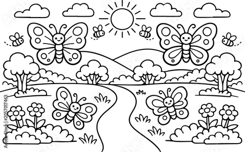 butterflies garden cartoon outline hand drawn Line Art illustration doodle art coloring page for kids