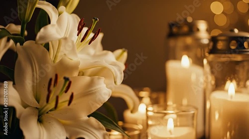 Close-up of white lilies and burning candles, creating a solemn and peaceful atmosphere for remembrance.