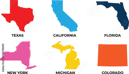 Set of colorful united states map shapes including texas california florida new york michigan colorado