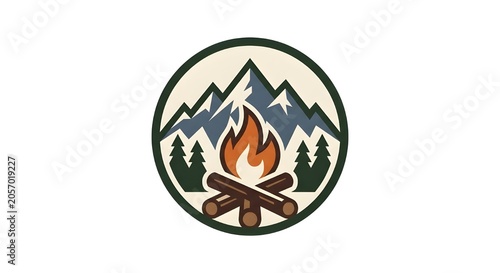 Modern Camping Logo with Campfire and Mountains