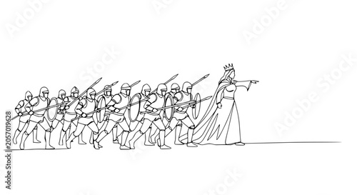 Foto Queen Leading Army Forward, Single Line Drawing, Historical Warfare