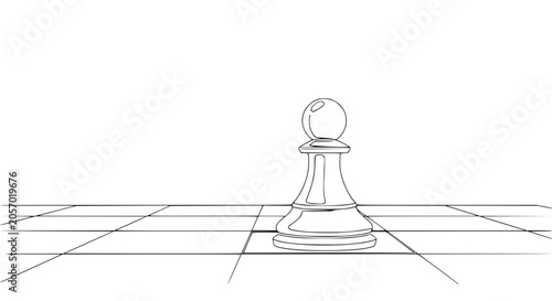 Canvastavla Single chess pawn on checkered board, minimalist outline drawing, strategic game