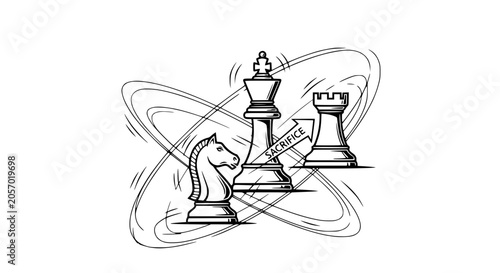 Tableau sur toile Chess Strategy: King, Knight, and Rook in Dynamic Play with Sacrifice Concept