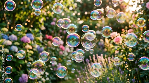 Soap Bubbles Floating in Sunny Summer Flower Garden