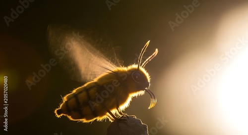 Insect silhouette backlit by warm glowing light against dark background with atmospheric bokeh