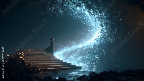 Dramatic Fantasy Scene with Silhouette on Steps Facing Cyan Energy Swirl with Debris