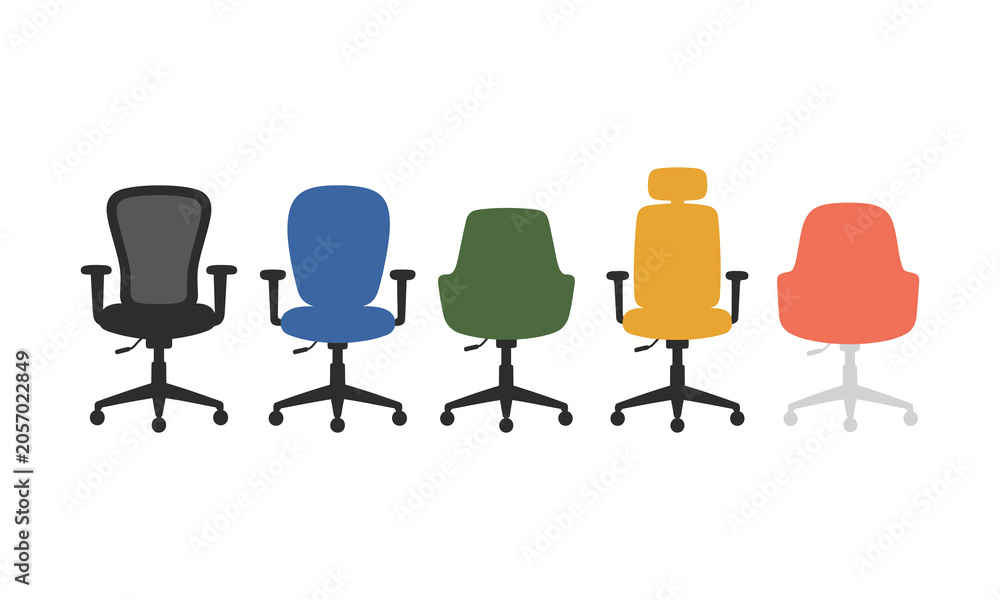 Fototapeta premium Set of various office chairs with different designs and colors for workspace and business office.