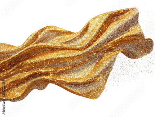 Flowing wave of gold glitter particles with dark shading as isolated object