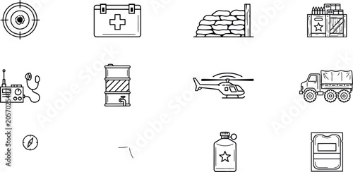 Konstfotografi Set of military equipment outline icons with military equipment tactical sandbag