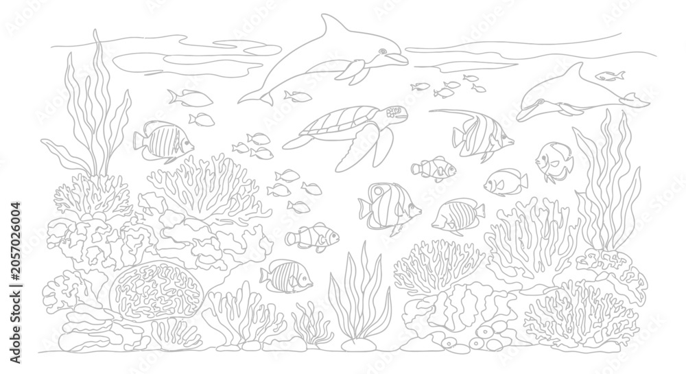 Fototapeta premium Underwater Ocean Scene with Dolphins, Turtle, Fish, and Coral Reef - Line Art