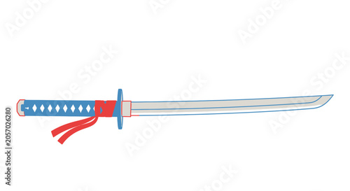 Fotografie Japanese Katana Sword with Red and Blue Handle and Tassels