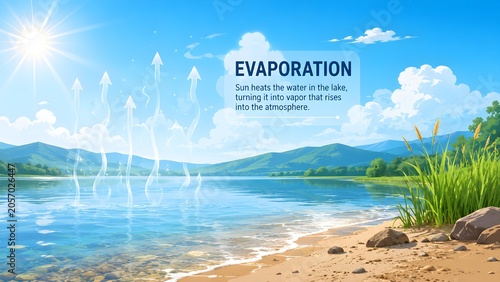 Natural Evaporation on Lakeside Beach Water Cycle Vector Illustration