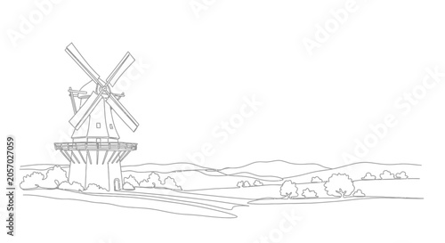 Traditional windmill in a rural landscape, line art illustration