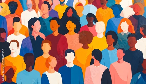Vibrant, diverse group of people stands together. Colorful attire reflects individuality and unity