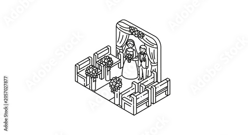 Foto Isometric church interior for wedding ceremony with benches and flowers
