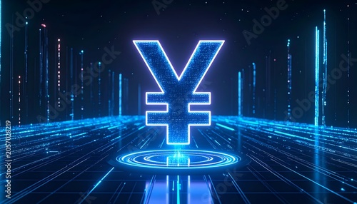 Digital yen currency symbol glowing in a futuristic environment, representing financial technology, digital payments, and modern currency systems.
