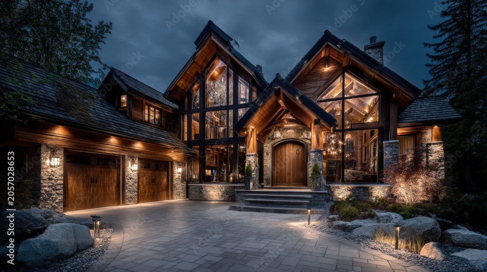 Naklejka premium Luxurious Modern Rustic Log Cabin Mansion with Dramatic Lighting and Mountainous Forest Setting