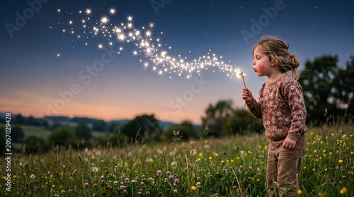 Child Blowing Dandelion Seeds in a Magical Field at Dusk
