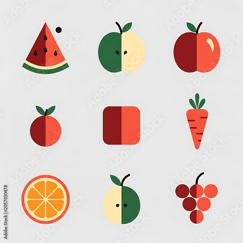 Colorful cartoon fruits and vegetables illustration set.