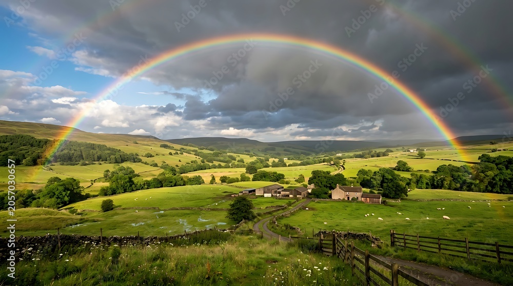 Fototapeta premium Rainbow over green countryside landscape.