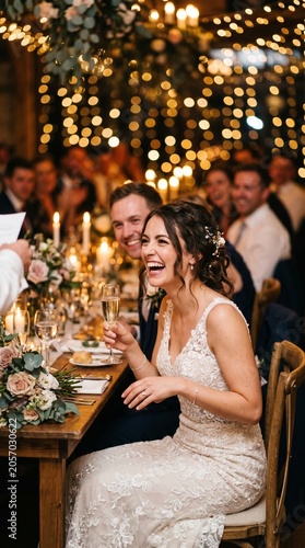 Bride Laughing at Wedding Reception with Champagne