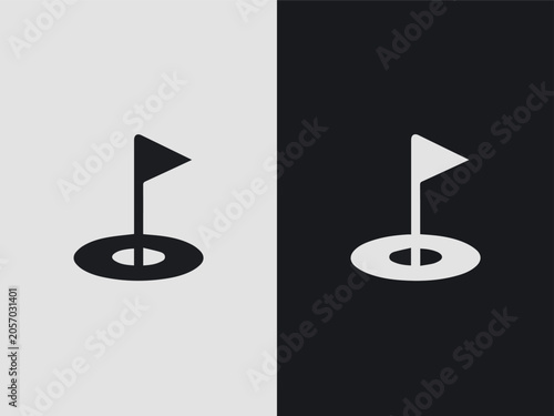 Golf flag and hole icon set in black and white